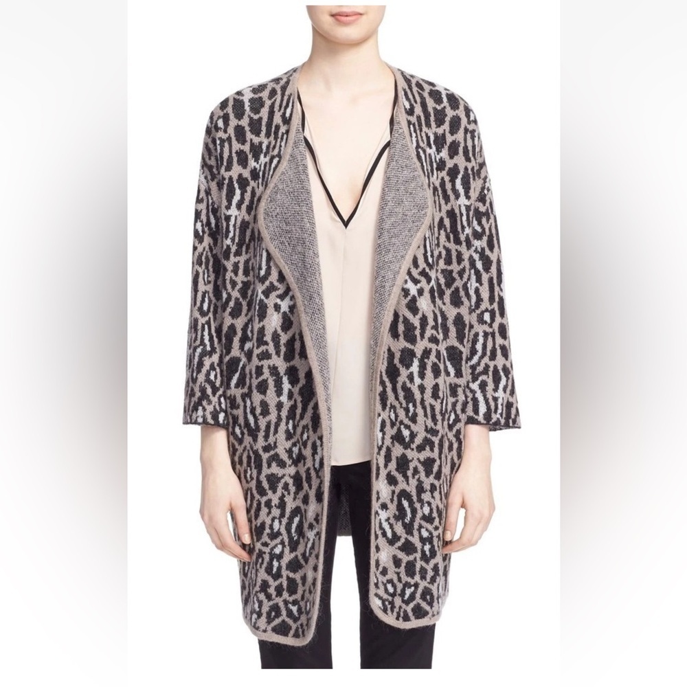 Joie Wool Mohair Leopard Print Open Front Cardigan sz S